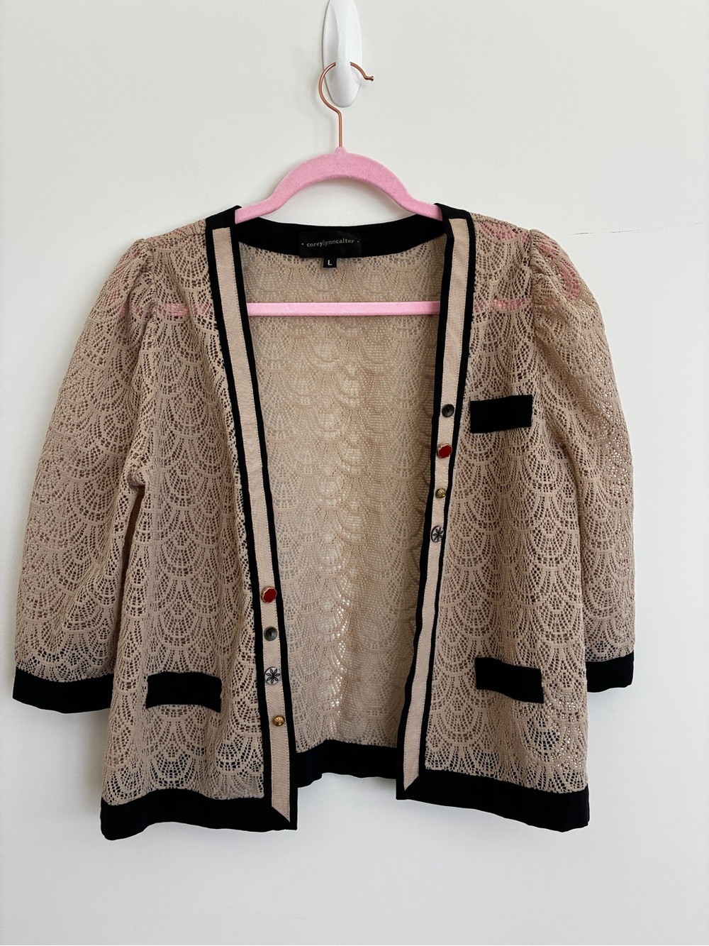 Corey Lynn Calter Beige Lace Cardigan with Black Trim and Mixed Buttons large